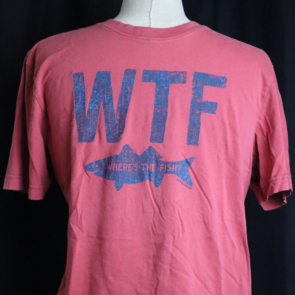 WTF Where's the Fish Life is Good Mens Small Tee Shirt Red Blue Short Sleeve